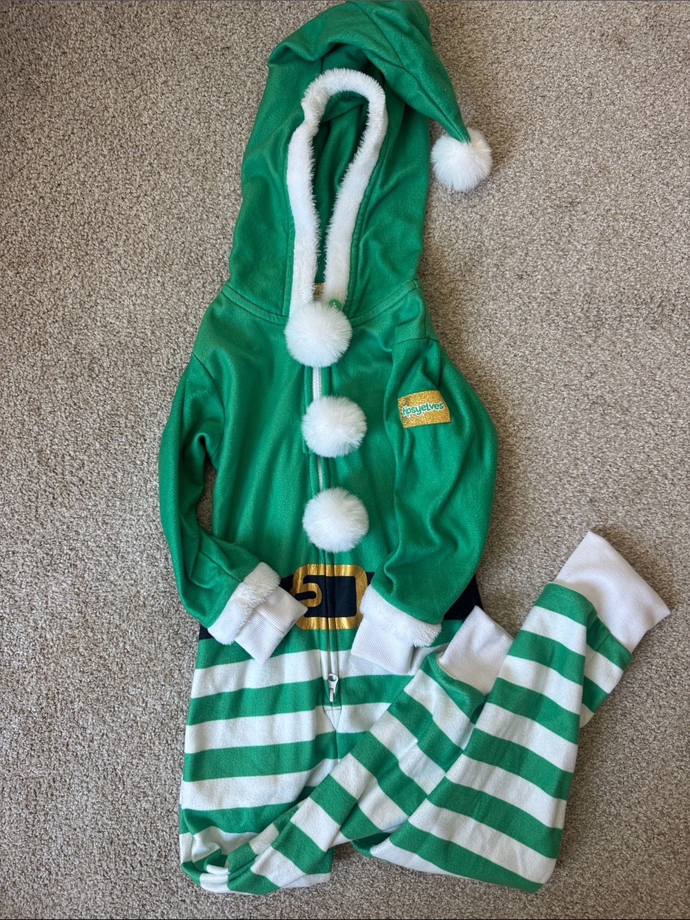 Tipsy Elves - Green & White Elf Onesie with Pom-Pom Hood